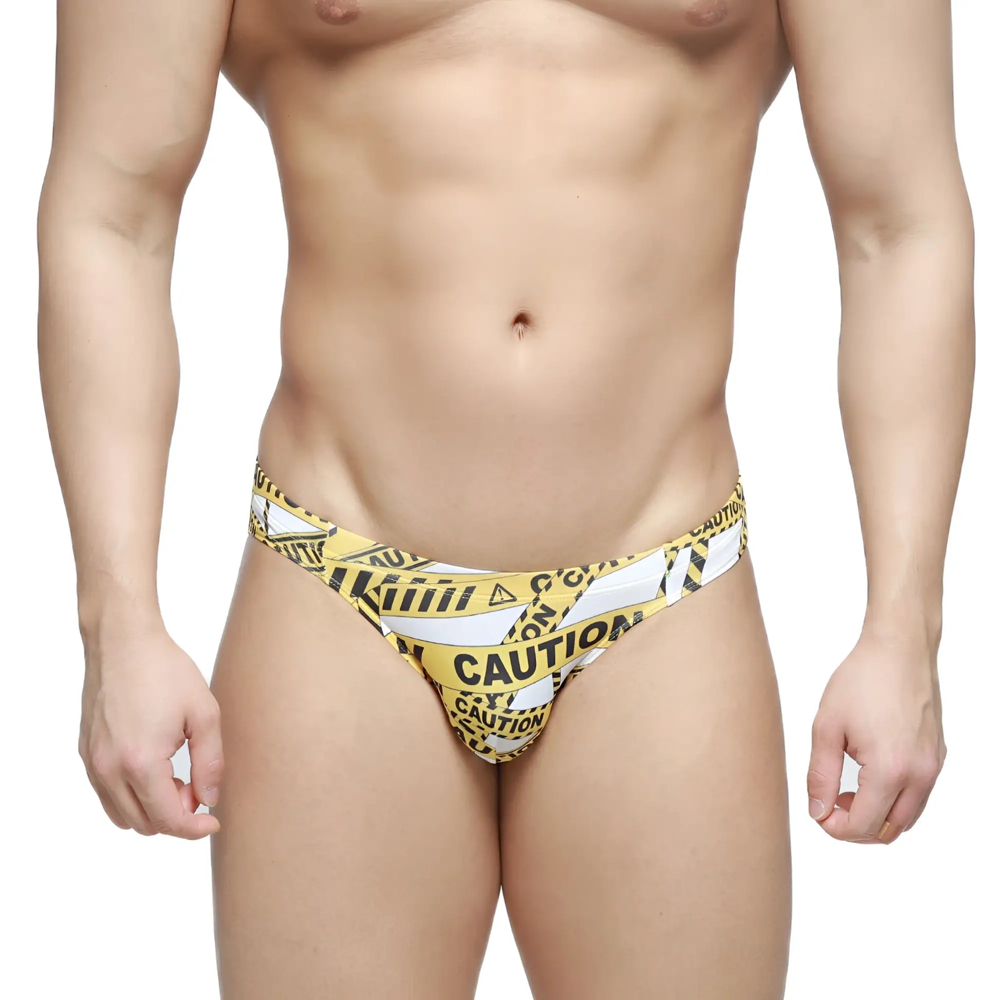 MetroMalewear caution bikini white 5103-m60 swim trunks with yellow and black caution tape pattern for swimwear use