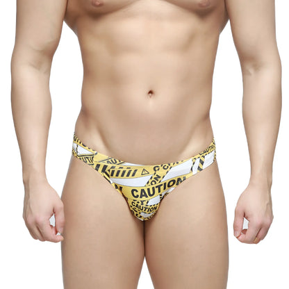 MetroMalewear caution bikini white 5103-m60 swim trunks with yellow and black caution tape pattern for swimwear use