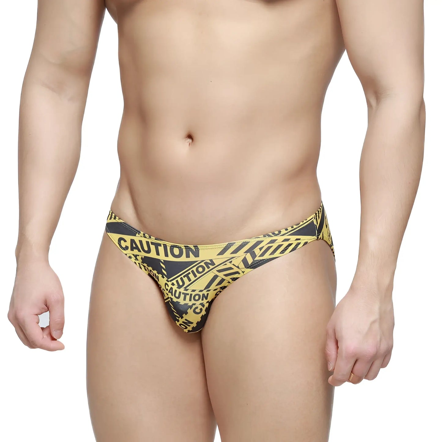 MetroMaleWear caution lowrise bikini briefs in black with yellow and black caution tape pattern for men