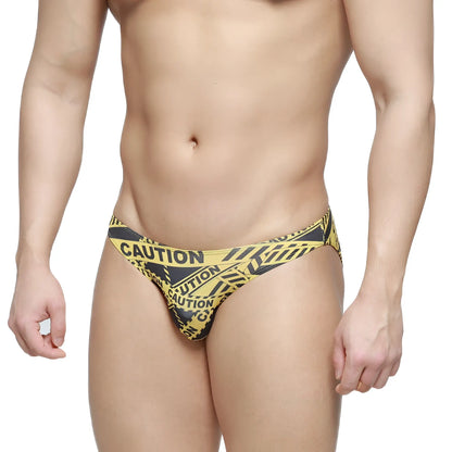 MetroMaleWear caution lowrise bikini briefs in black with yellow and black caution tape pattern for men