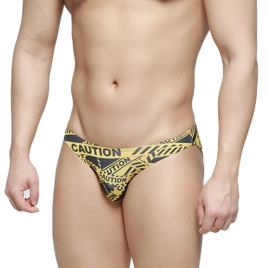 MetroMaleWear caution lowrise bikini briefs in black with yellow and black caution tape pattern for men