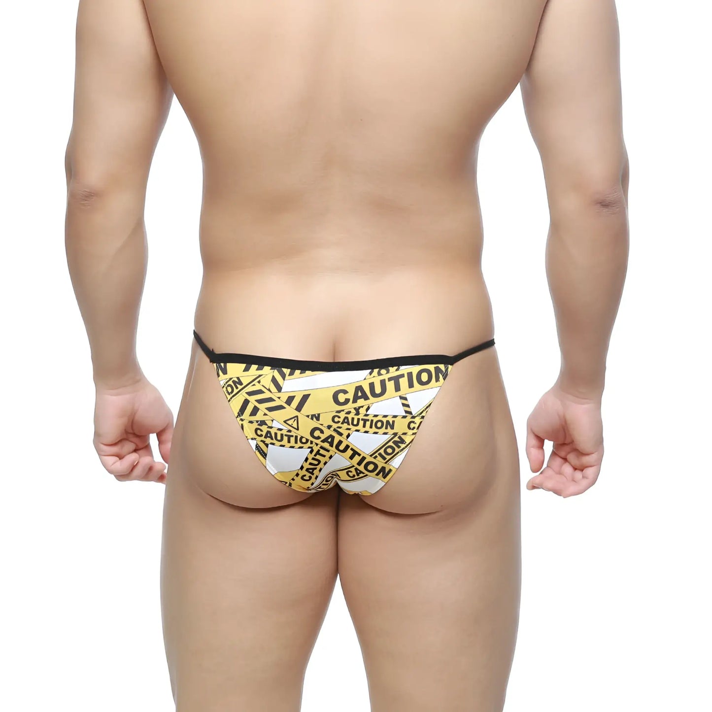 MetroMaleWear caution string bikini thong in yellow and white caution tape pattern with black trim front view