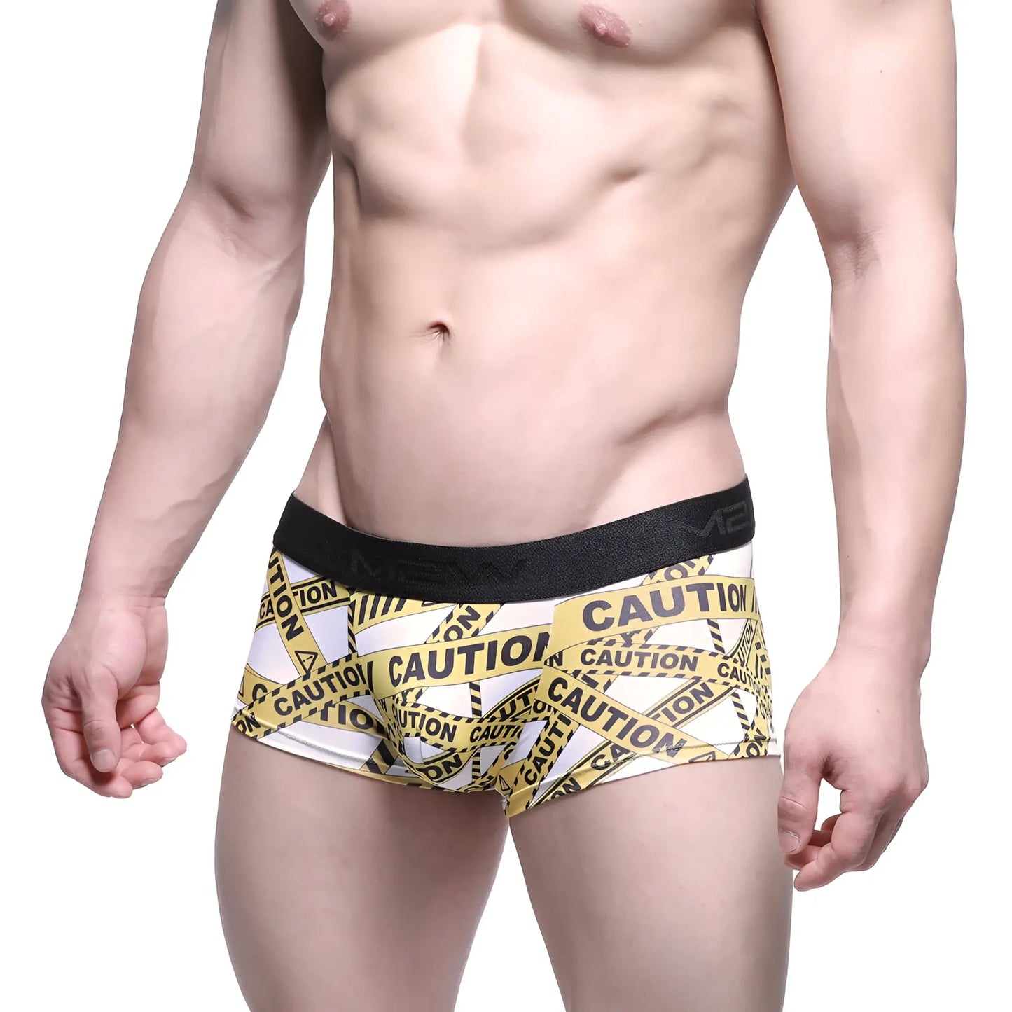 White boxer briefs with bold yellow and black caution tape pattern and black elastic waistband metroMaleWear 2026-69
