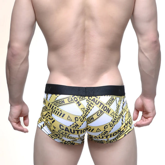Metro male wear caution trunk white 2026 69 men’s briefs with white and yellow caution tape pattern and black waistband