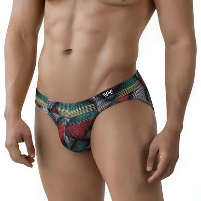 Vibrant geometric patterned mens briefs in teal red and yellow stripes with black waistband and w logo by metromalewear