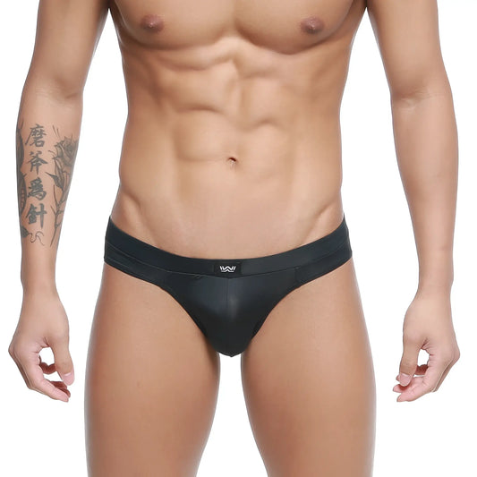 Black sleek glossy metro malewear cebolla bikini briefs with subtle logo on waistband for comfortable men’s wear