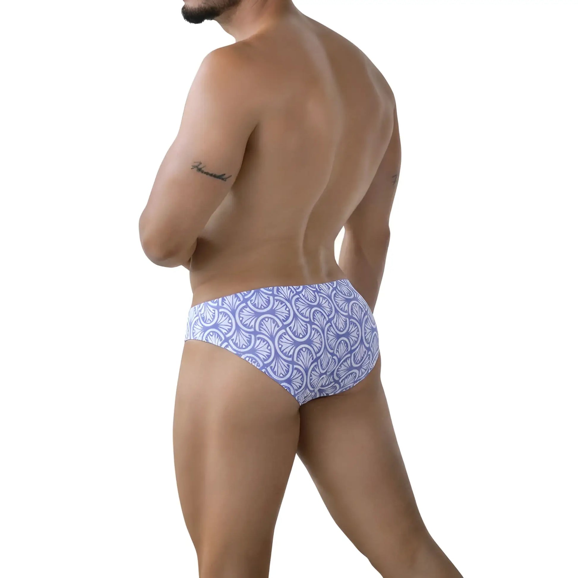 MetroMaleWear Celadon Bikini 5103-M79 purple and white patterned briefs with decorative fan-like design
