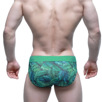 MetroMaleWear Celva Brief 5203-17 green tropical leaf patterned men’s briefs with solid green waistband