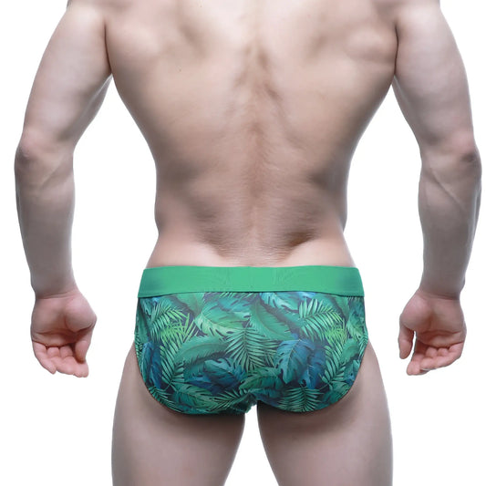 MetroMaleWear Celva Brief 5203-17 green tropical leaf patterned men’s briefs with solid green waistband