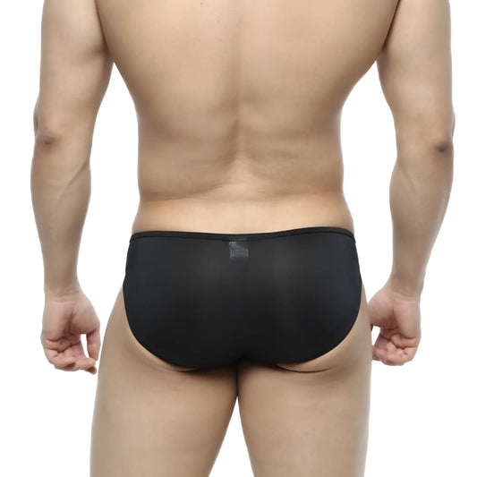 Black sheer mesh briefs metro male wear cesar bikini black 6009-20 front view with breathable fabric design