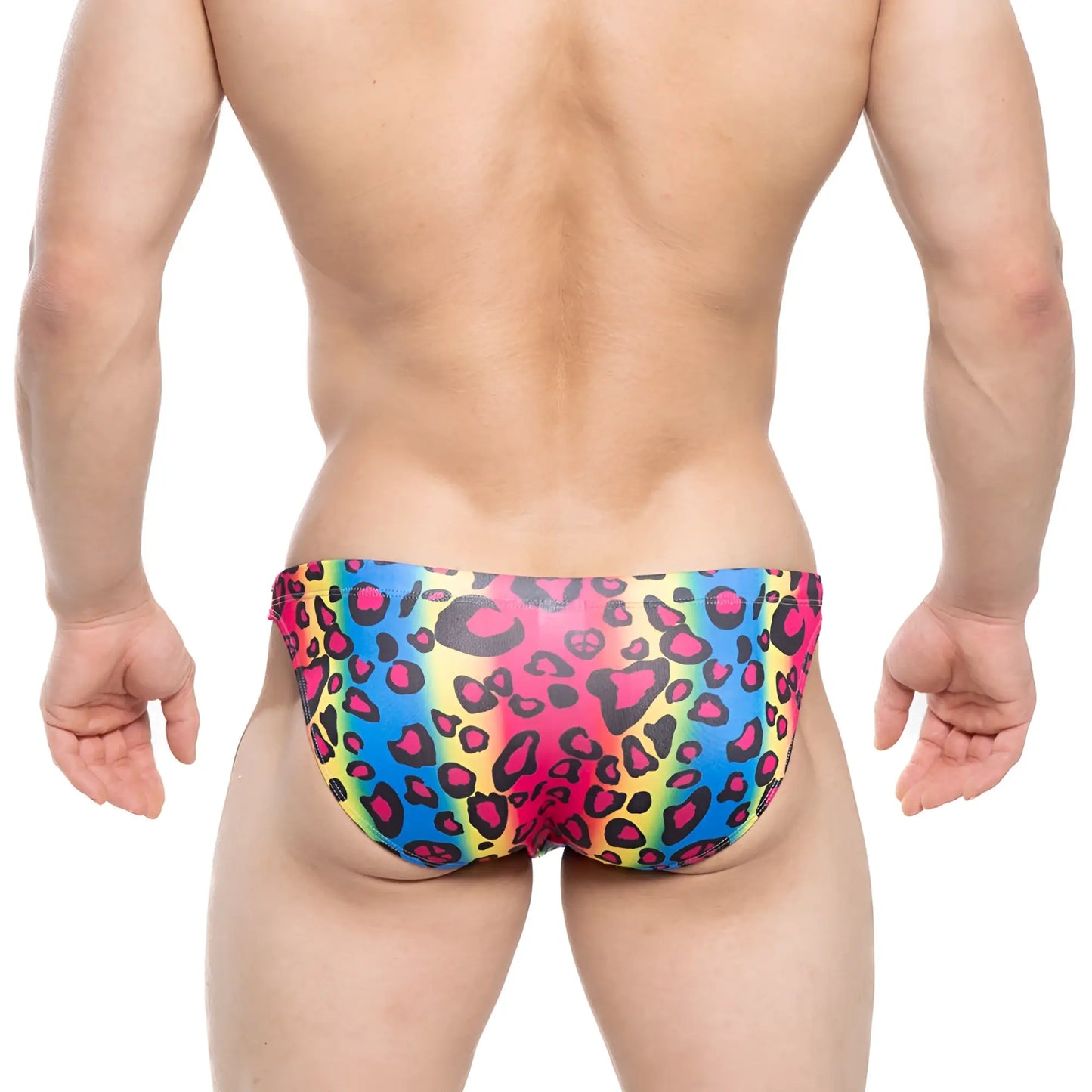 Vibrant rainbow-colored metroMalewear swim bikini 4937-06 with bold pink and black leopard print pattern