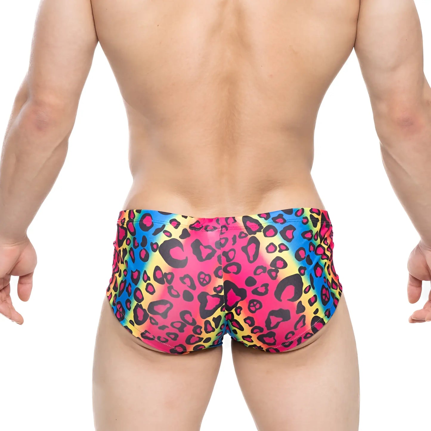 MetroMaleWear character trunk 2125-16 vibrant rainbow leopard print swim trunks in bold pink yellow and blue hues