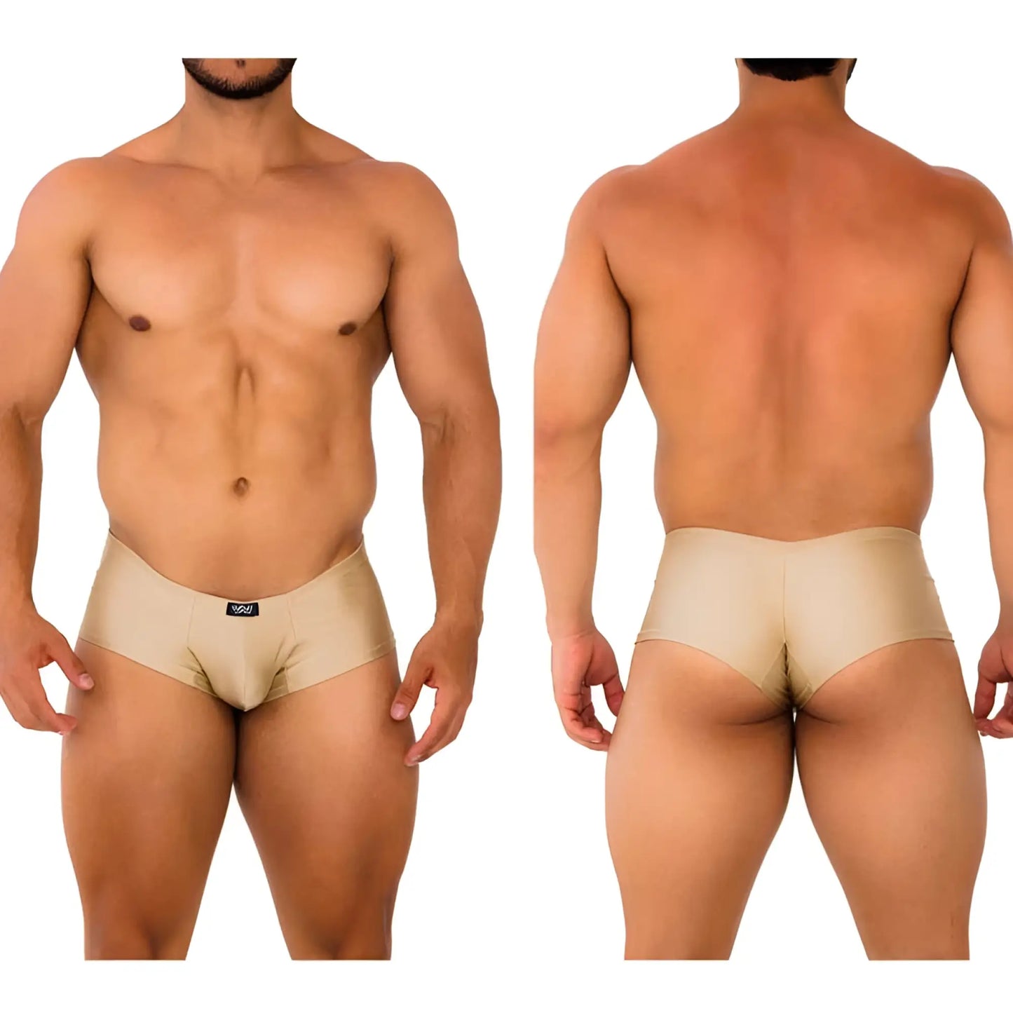 Beige form-fitting briefs with a subtle logo on the waistband from MetroMaleWear cheek gold 2028-21 collection
