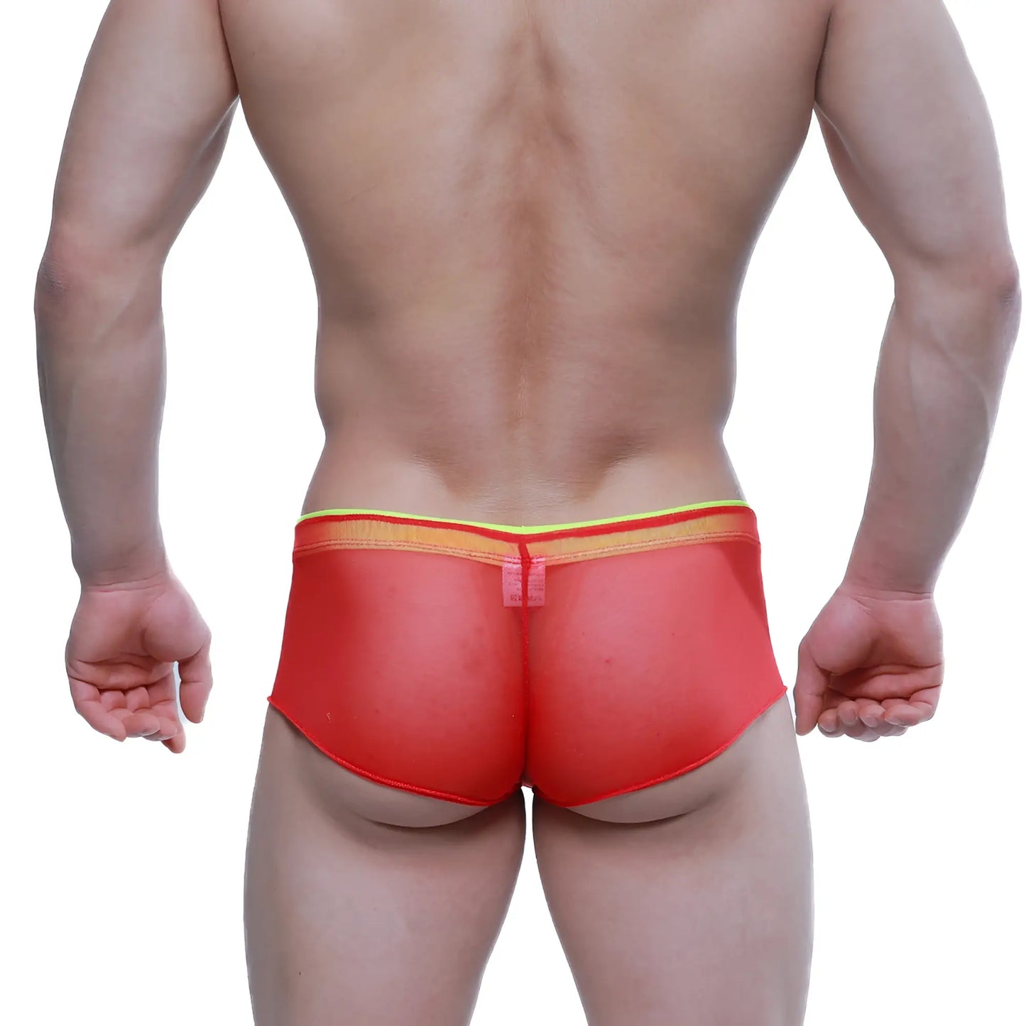 Red mesh briefs with yellow and orange striped waistband from metromalewear cheek onion 2028-72 collection