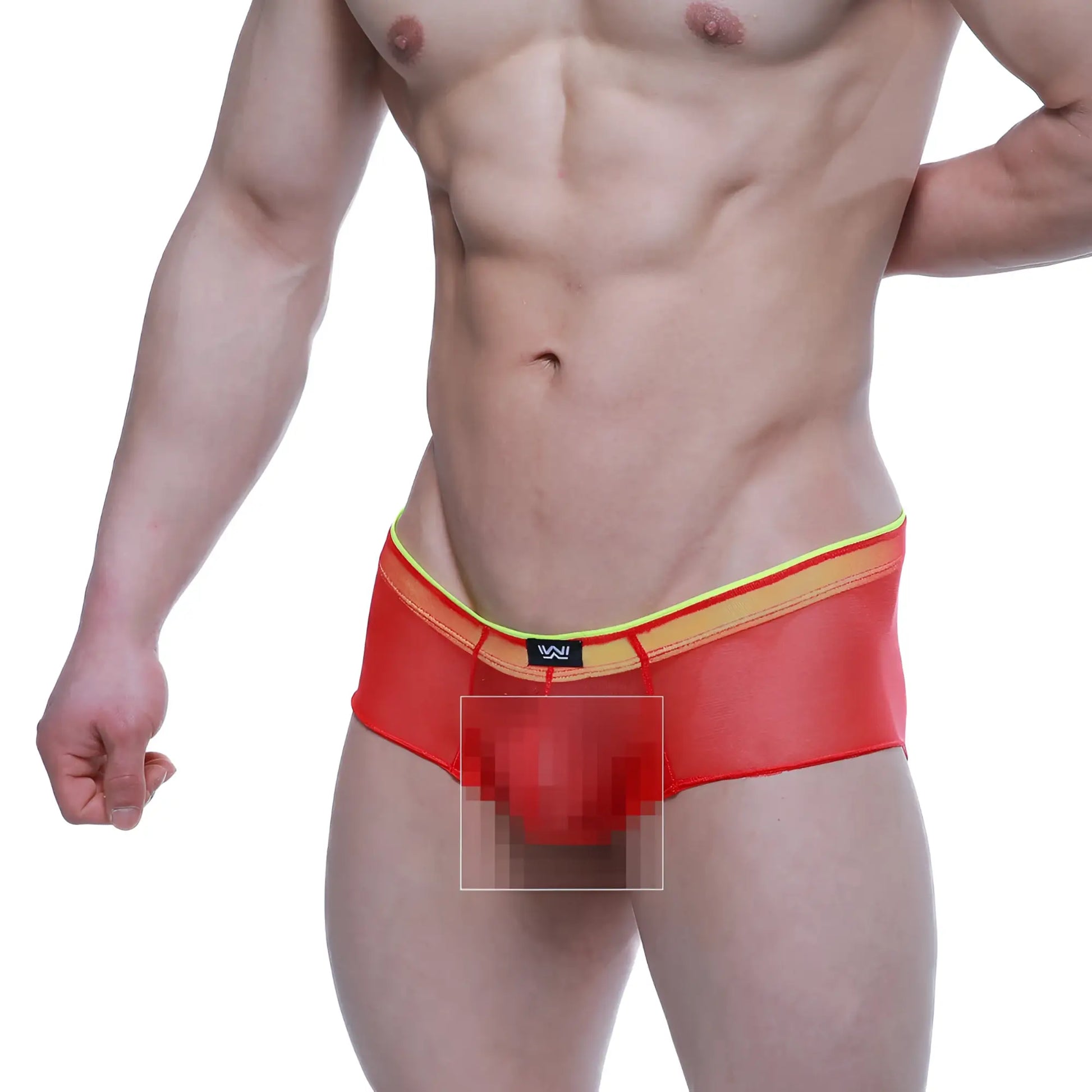 Red mesh briefs with yellow trim and black logo waistband from Metromalewear cheek onion 2028-72 product line