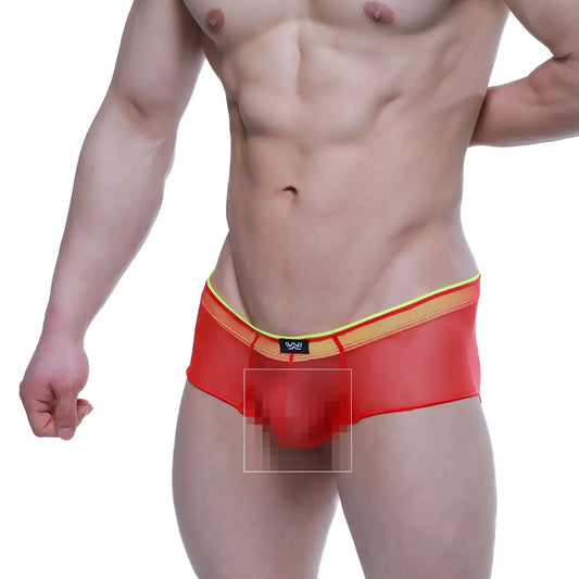 Red mesh briefs with yellow trim and black logo waistband from Metromalewear cheek onion 2028-72 product line