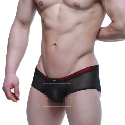 Black mesh briefs with red elastic waistband and white logo from MetroMaleWear cheek patron 2028-71