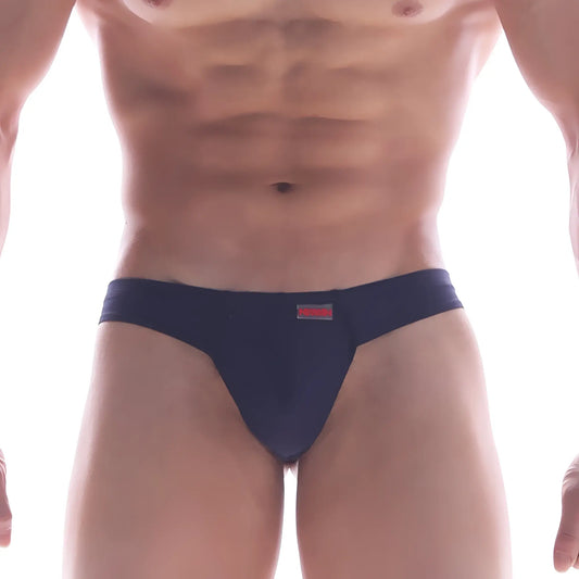 Navy blue cotton briefs with a small red brand tag on the waistband from MetroMaleWear cheek thong 2802-28