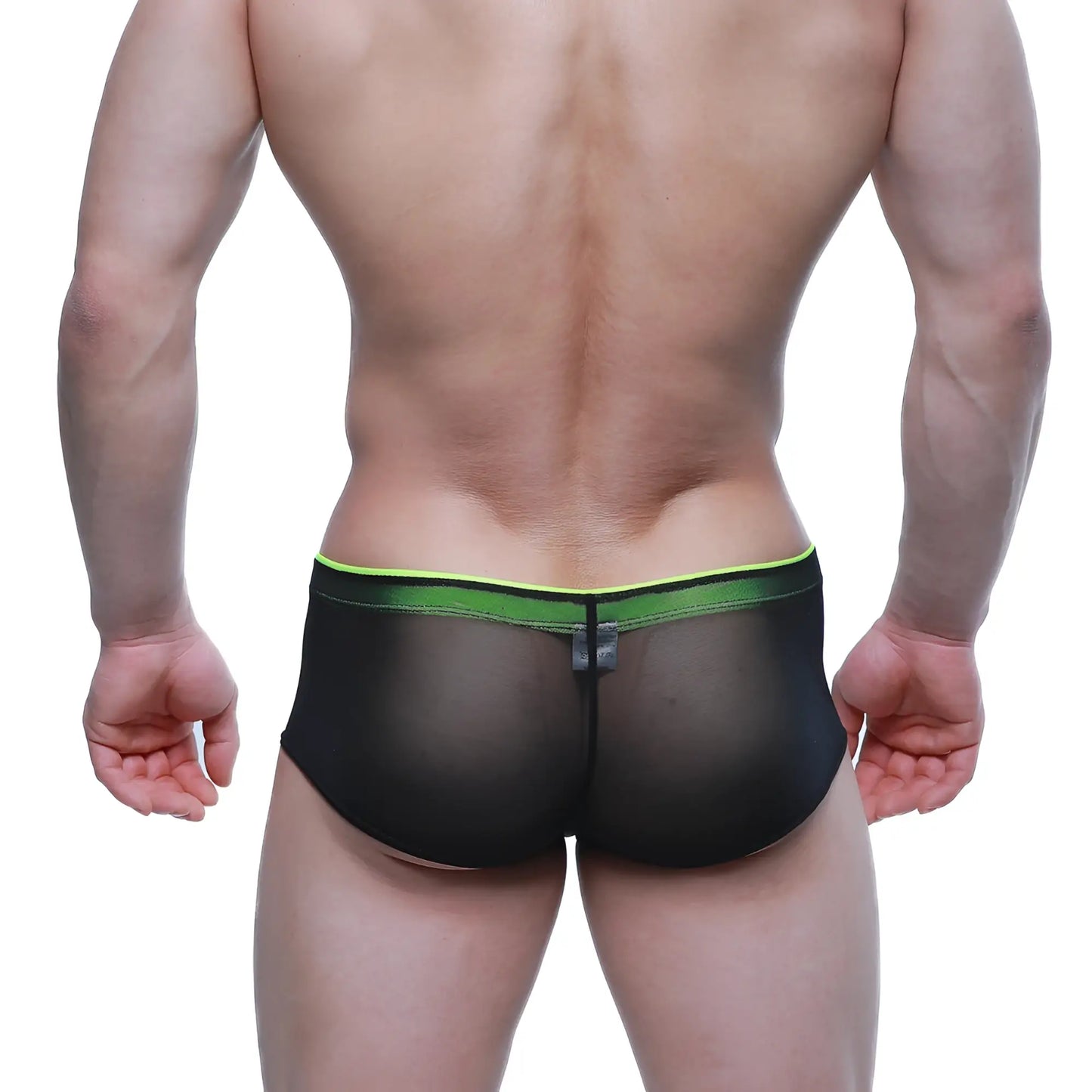 Black mesh MetroMaleWear cheek tull 2028-70 briefs with neon green waistband and small black back tag shown from back