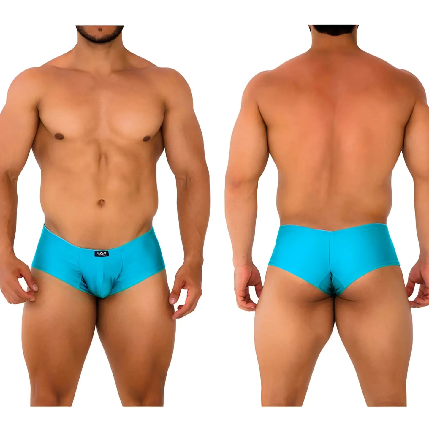 Bright turquoise men’s briefs MetroMaleWear cheek 2028-08 with sleek form-fitting design and black waistband tag