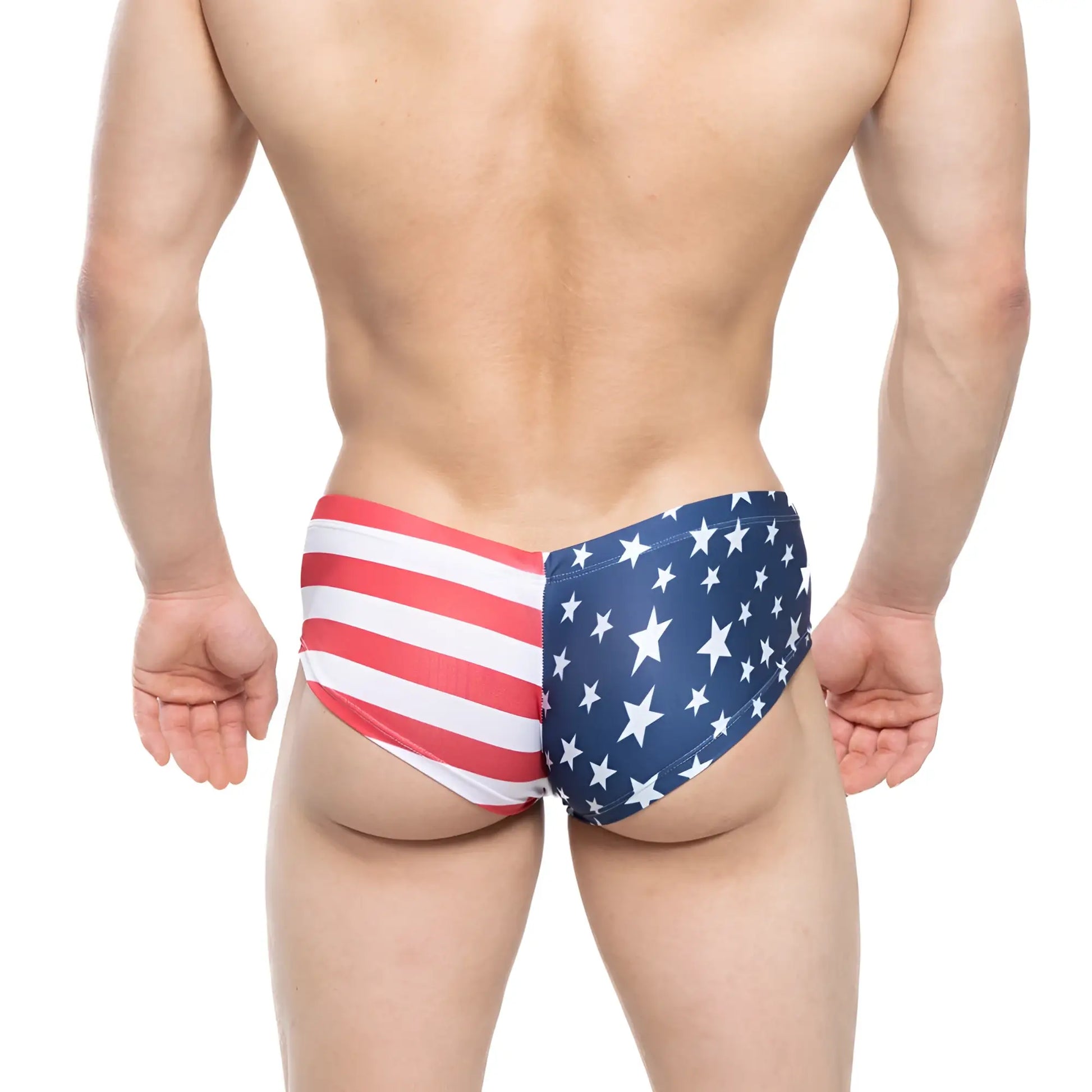 MetroMaleWear CHEEK USA 2028-90 swim trunks with American flag design featuring red white stripes and blue stars