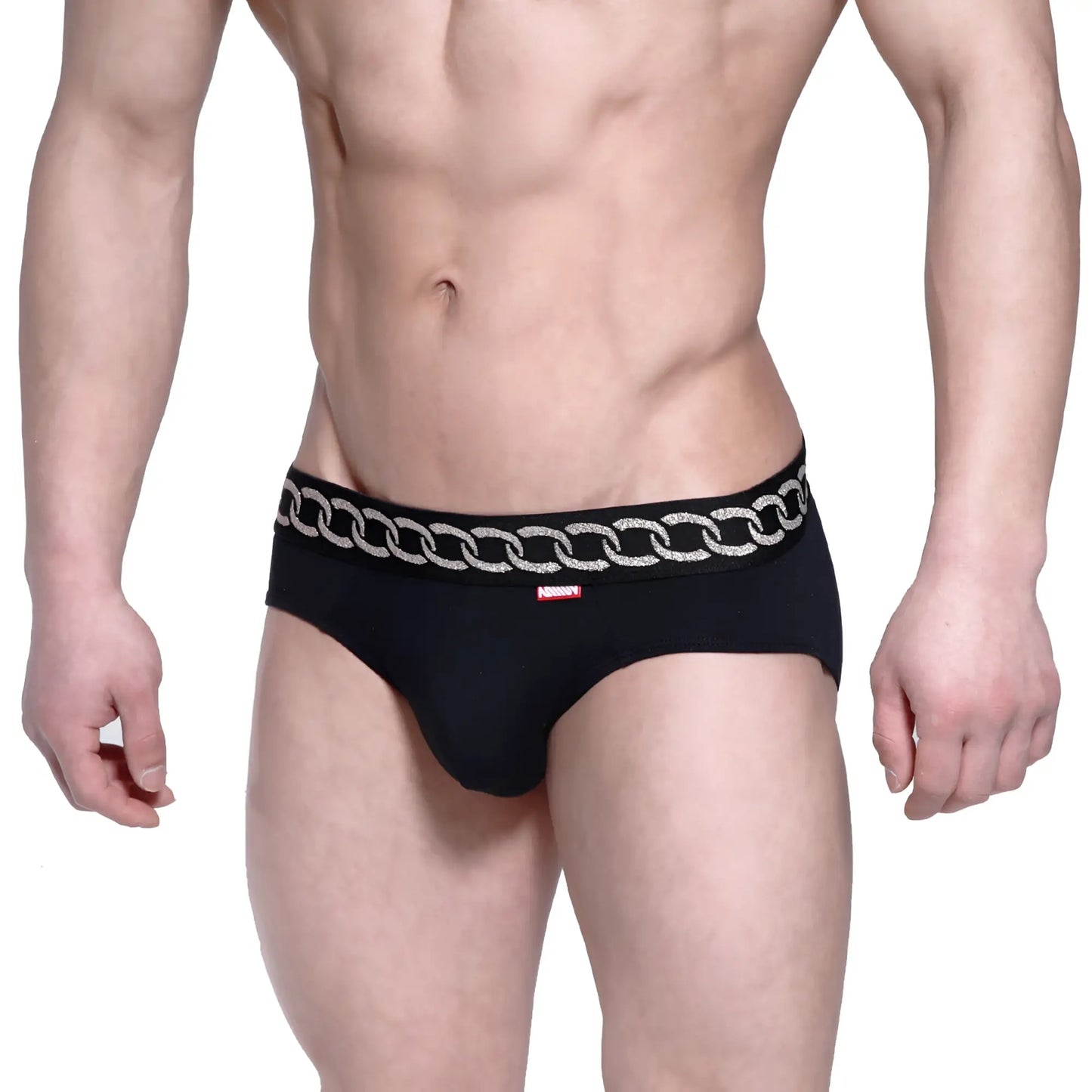 MetroMaleWear classic hip brief metal black 5003-M20 featuring a silver chain pattern waistband design