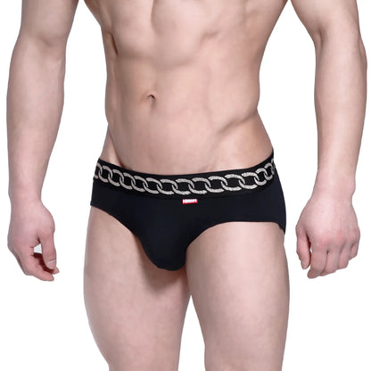 MetroMaleWear classic hip brief metal black 5003-M20 featuring a silver chain pattern waistband design