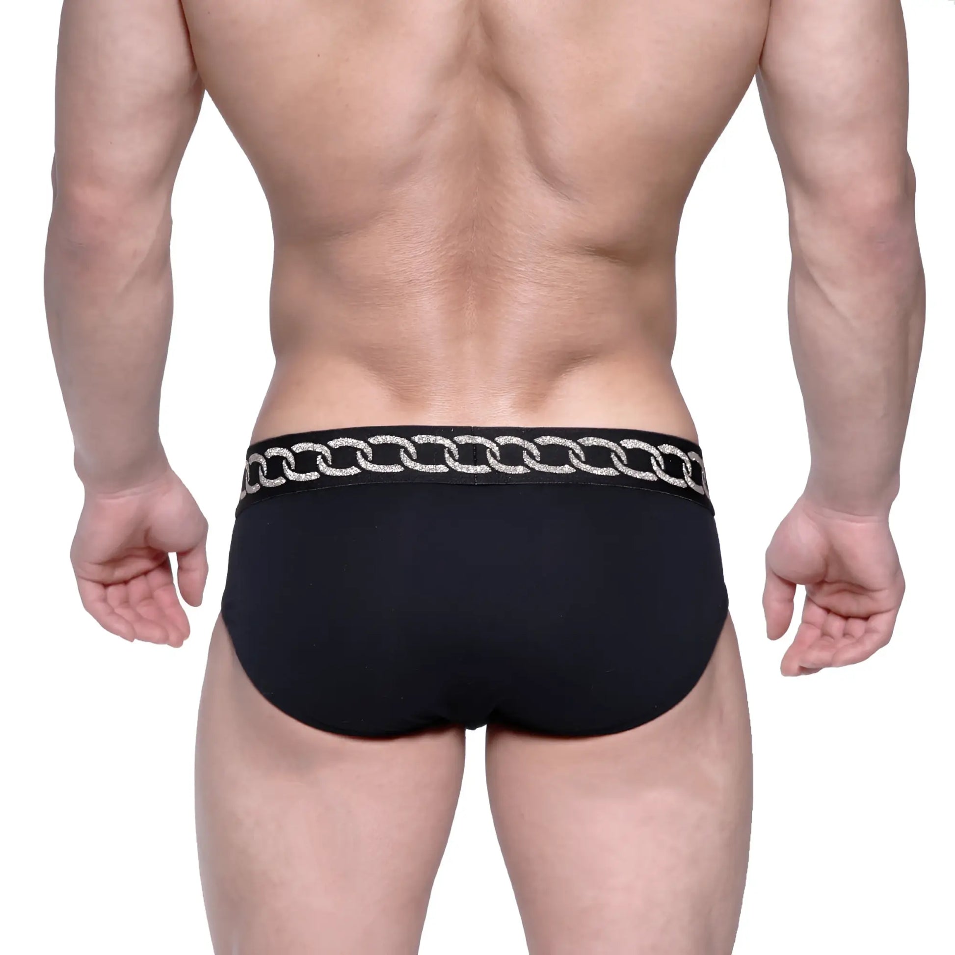 Black metro malewear classic hip brief with silver chain-link trim on the waistband metal black 5003-m20