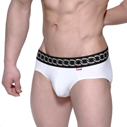 MetroMaleWear classic hip brief white with black waistband silver chain-link detailing and red brand tag