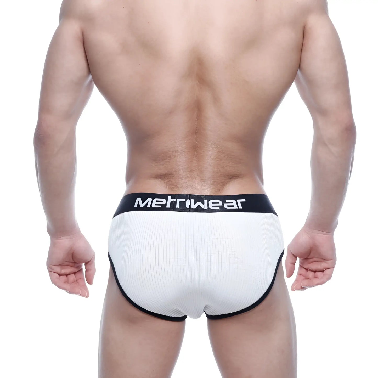 MetroMaleWear classic ribbed brief in white with black trim and waistband featuring the metrwear logo