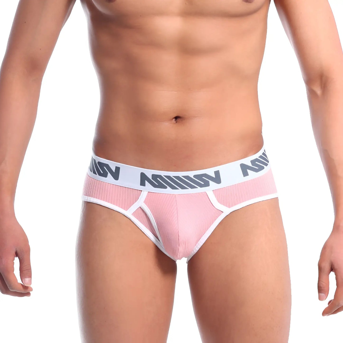 Pink textured metroMalewear classic ribbed briefs with white trim and gray logo band in marshmallow pink