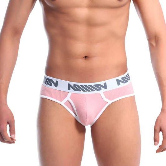 Pink textured metroMalewear classic ribbed briefs with white trim and gray logo band in marshmallow pink