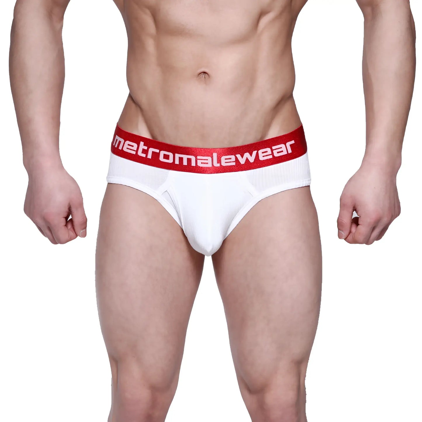 White men’s classic ribbed briefs with red elastic waistband featuring metromalewear logo in white lettering