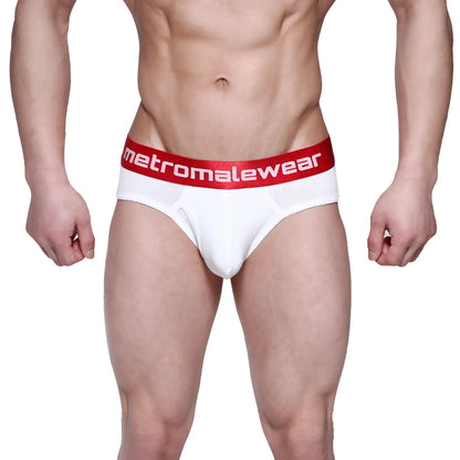 White men’s classic ribbed briefs with red elastic waistband featuring metromalewear logo in white lettering