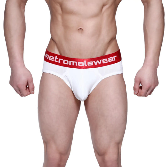White men’s classic ribbed briefs with red elastic waistband featuring metromalewear logo in white lettering
