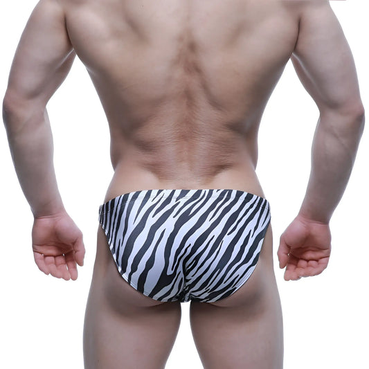 MetroMaleWear classic swim bikini Hidalgo 4937-59 black and white zebra-striped men’s swim trunks front view