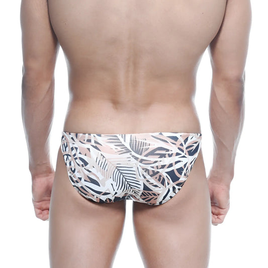 Men’s metro malewear classic swim bikini hoja 4937-54 with tropical leaf pattern in white black and soft pink on stretchy fabric