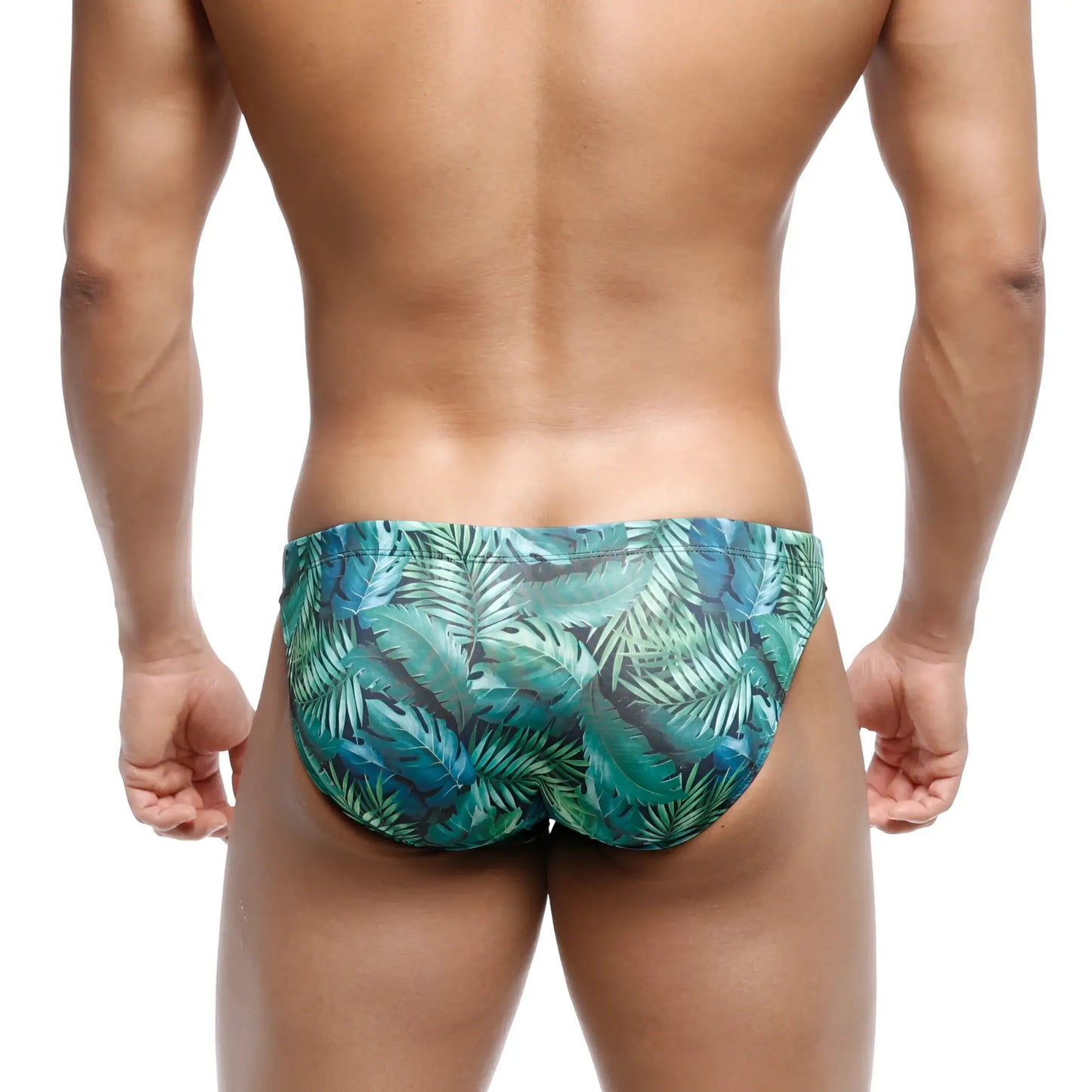 MetroMalewear classic swim bikini jungle 4937-08 tropical leaf-patterned swim trunks in teal and green shades