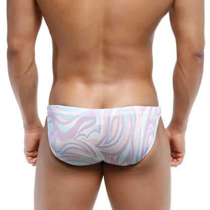 MetroMaleWear classic swim bikini swirl 4937-61 pastel swim trunks with lavender light blue and white abstract pattern