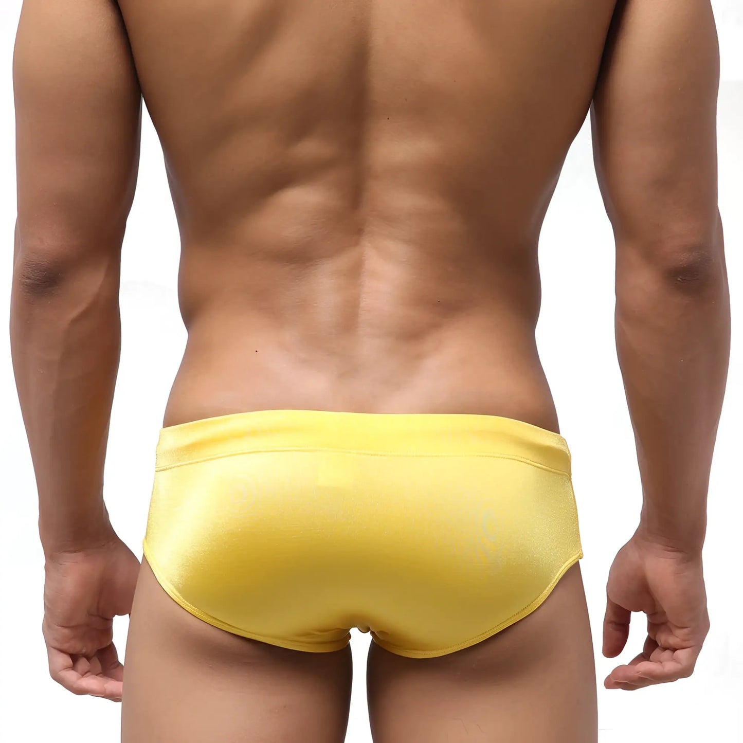 Bright yellow sleek satin swim trunks from metromalewear classic swim brief mango 4914-15 collection