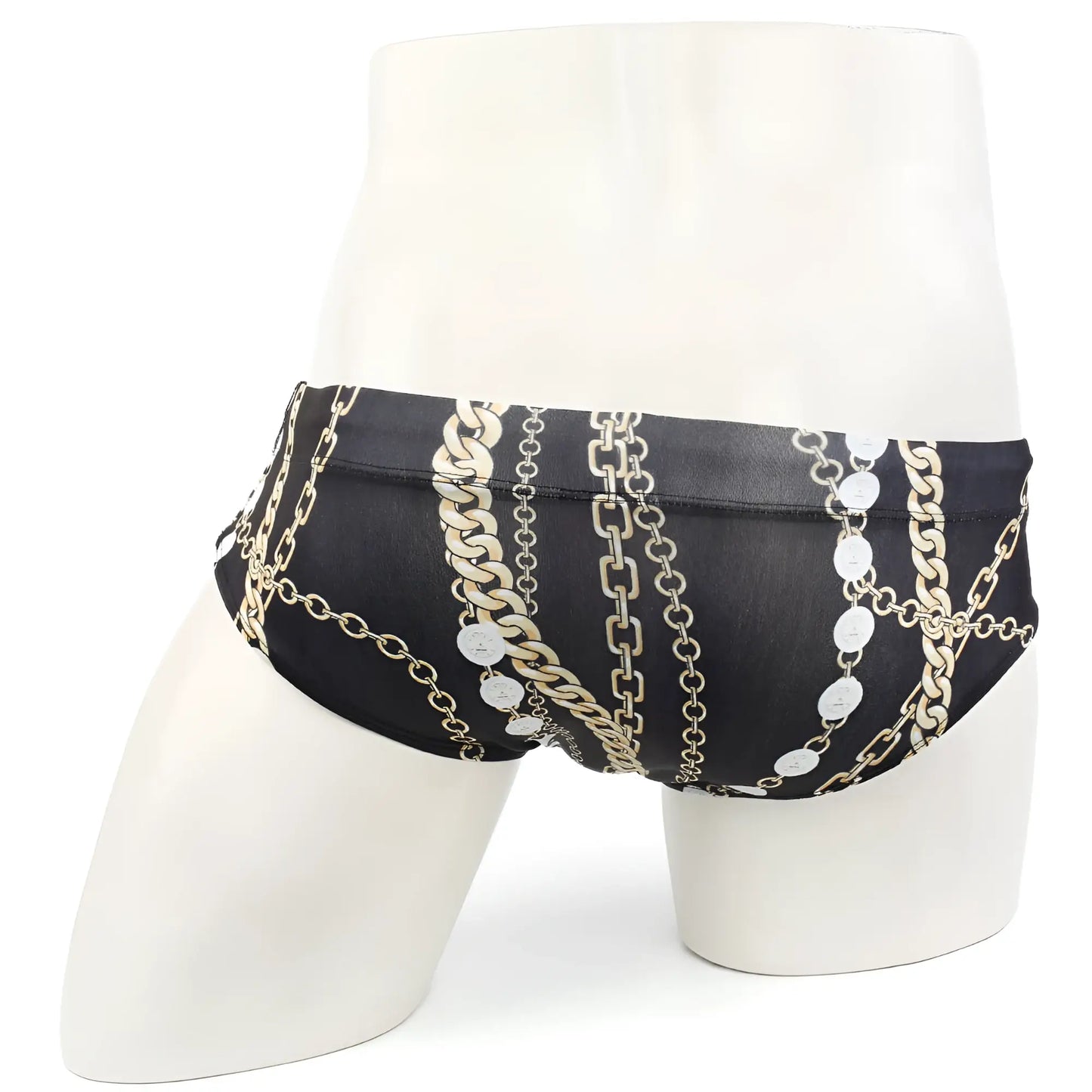 Black MetroMaleWear classic swim brief Rico 4914-95 with bold gold and silver chain and medallion pattern