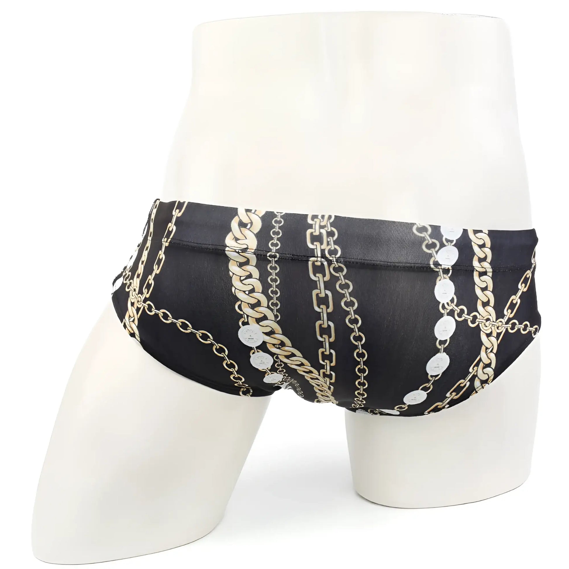 Black MetroMaleWear classic swim brief Rico 4914-95 with bold gold and silver chain and medallion pattern