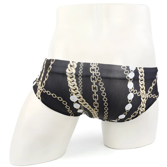 Black MetroMaleWear classic swim brief Rico 4914-95 with bold gold and silver chain and medallion pattern