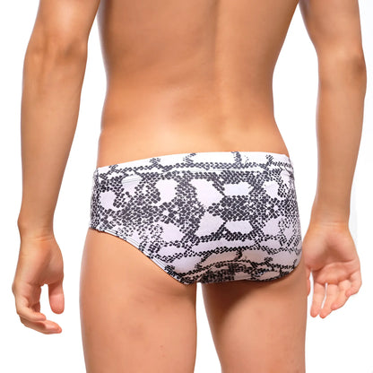 MetroMaleWear classic swim brief in white and black snake-scale pattern designed for swimming and beachwear