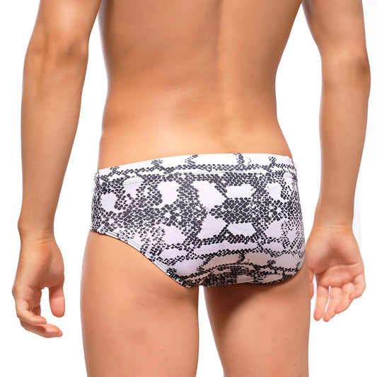 MetroMaleWear classic swim brief in white and black snake-scale pattern designed for swimming and beachwear