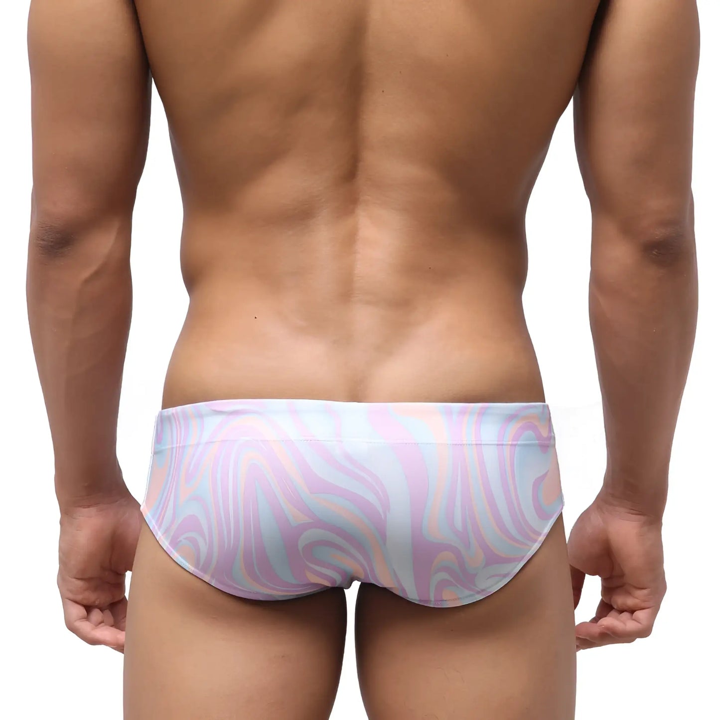 MetroMaleWear classic swim brief swirl 4914-61 in pastel pink blue and white swirl pattern for swimming use
