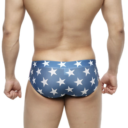 Blue swim trunks with a white star pattern metroMalewear classic swim brief usa 4914-92 for swimming and beachwear