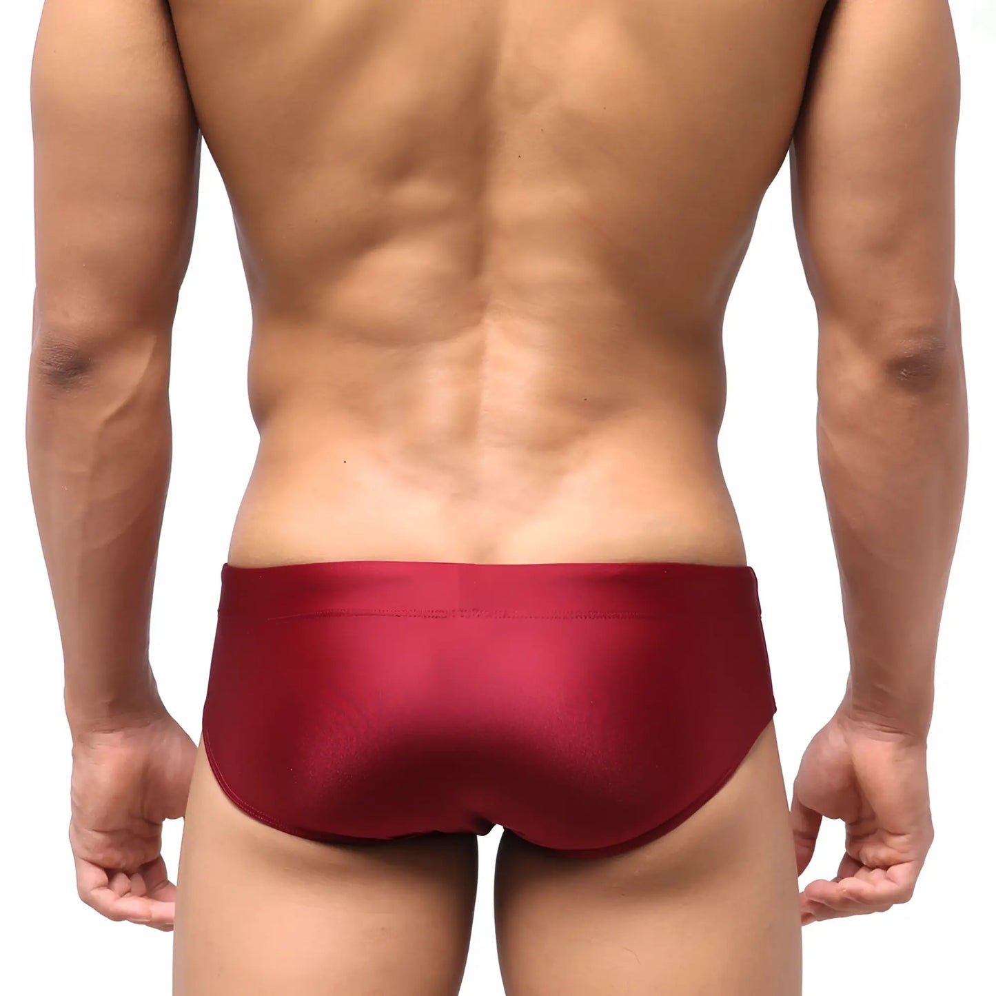 MetroMaleWear classic swim brief wine 4914-42 is a sleek satin-finish red snug fit swim trunk with a smooth design