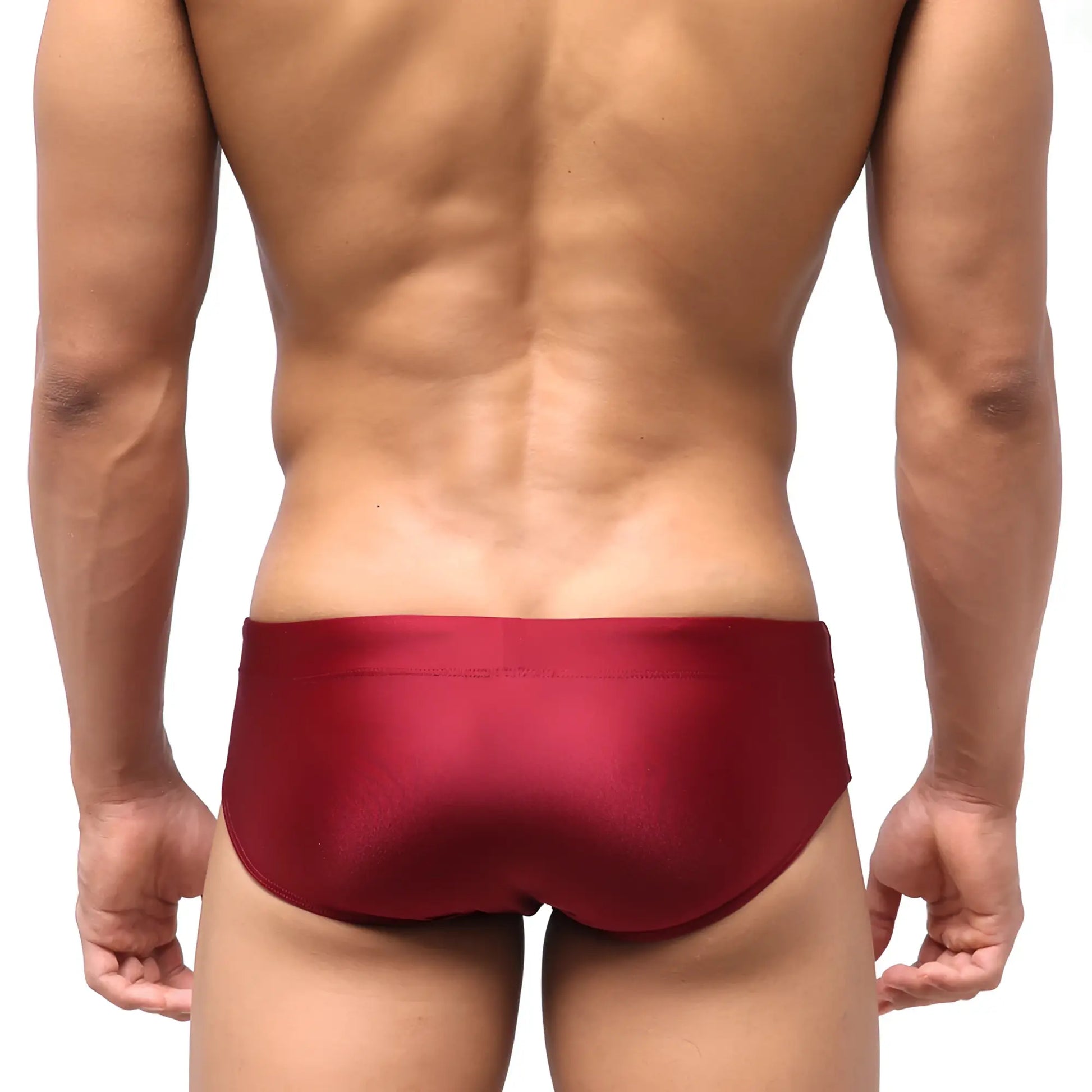 MetroMaleWear classic swim brief wine 4914-42 is a sleek satin-finish red snug fit swim trunk with a smooth design