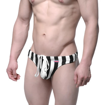MetroMaleWear classic swim thong stripe 4902-34 black and white striped swim trunks with white drawstring front view